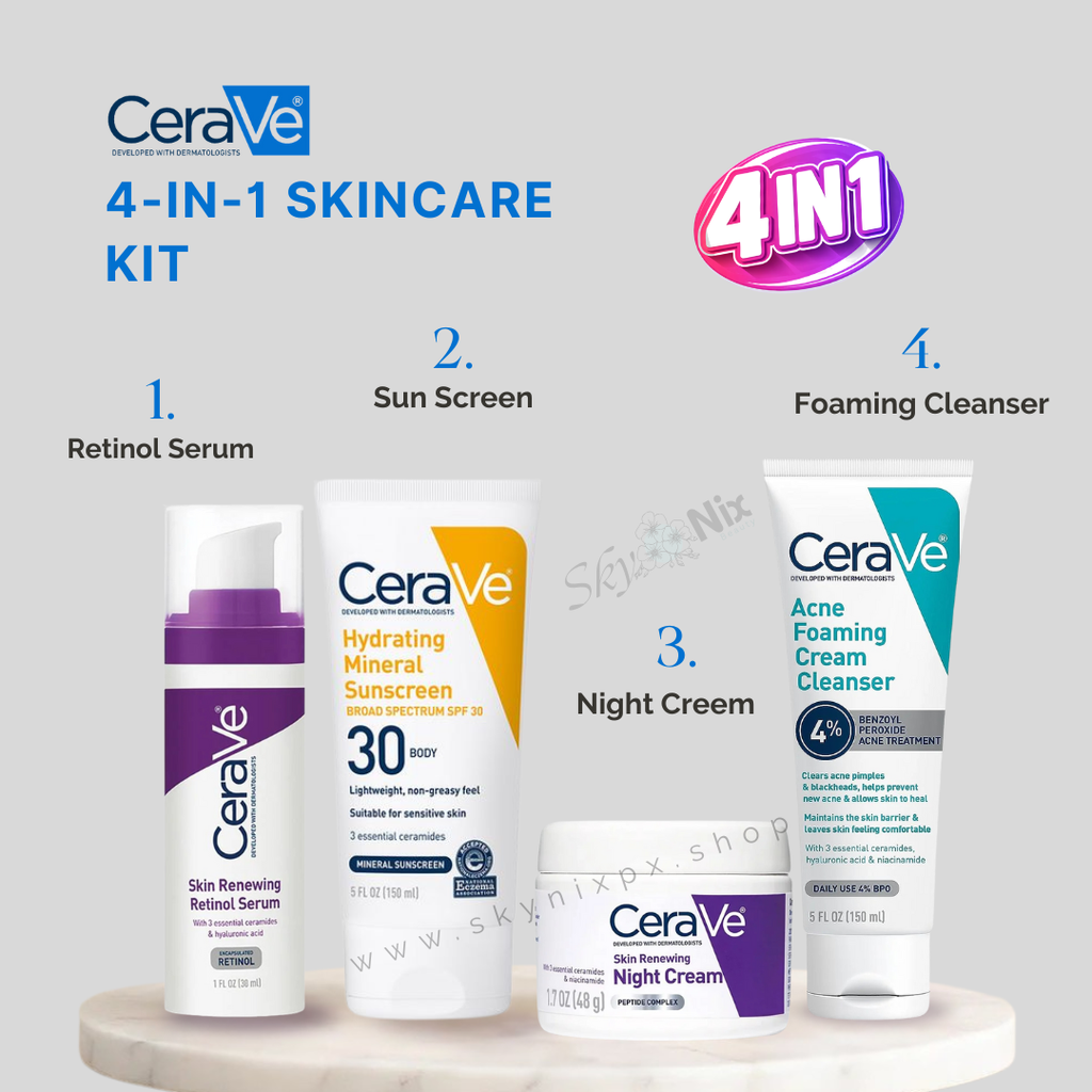 CeraVe 4-in-1 Skincare Kit: Night Cream, Sunblock, Cleanser & Serum for Radiant Skin